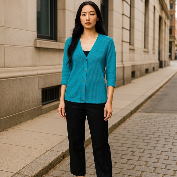 L.L. Bean Women’s Medium Teal Cardigan V-Neck 3/4 Sleeve Knit Button Up Down - Picture 1 of 4